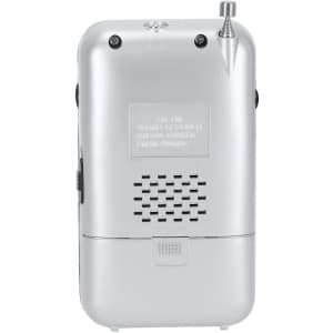 A silver portable radio with a small antenna, speaker grille, and control buttons on the back.