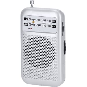 A silver portable radio with a speaker, tuning knobs, and an antenna. It features FM and AM frequency displays.