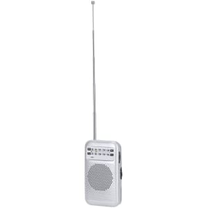 A silver portable radio with a telescoping antenna and control buttons, featuring a mesh speaker grille.
