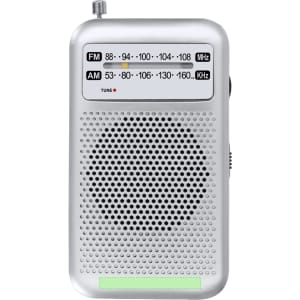 A silver portable radio with a speaker grill, tuning dials, and an antenna. It features FM and AM frequency displays.