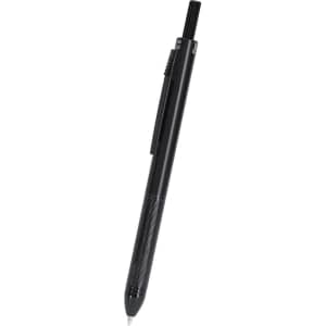 A black multi-coloured pen and mechanical pencil with a textured grip and a clip, featuring a logo.