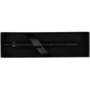 A multicoloured pen and mechanical pencil in a sleek black box with a ribbon. The pen features a simple design.