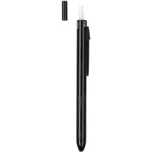A multicoloured mechanical pencil with a black body and a removable cap, featuring a textured grip and a clip.