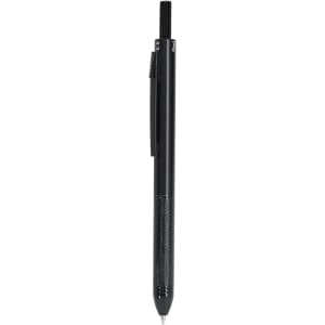 A black multicoloured pen and mechanical pencil with a textured grip and retractable tip, featuring a logo.