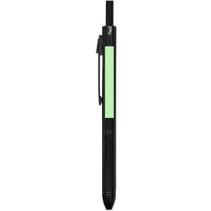 A multicoloured mechanical pencil in black with a green accent and a clip, featuring a logo on the side.