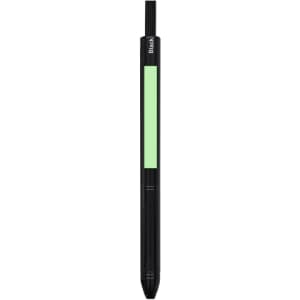 A mechanical pencil in black with a green accent and an attached eraser, featuring a logo.