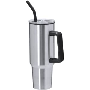 A drink bottle with a stainless steel body, a black handle, and a straw, featuring a lid.