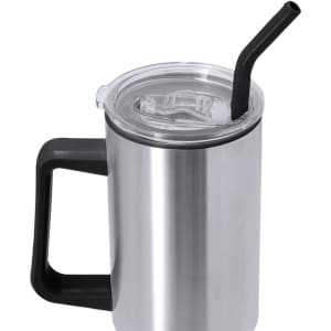 A silver insulated mug with a black straw and a clear lid, featuring a black handle and a logo.