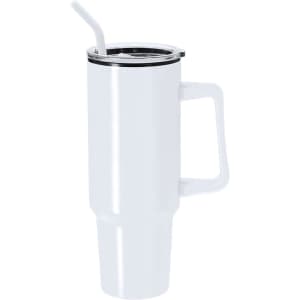 A drink bottle in white, featuring a handle and a straw, with a lid and a sleek, modern design.