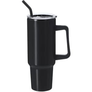 A drink bottle in matte black with a straw and a sturdy handle, featuring a clear lid and a branded design.