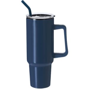 A drink bottle in navy blue with a handle, features a straw and a lid. It has a branding logo on the side.