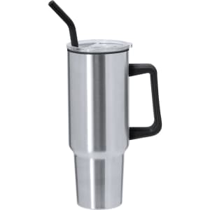 A drink bottle featuring a stainless steel design with a black handle and a lid equipped with a straw.