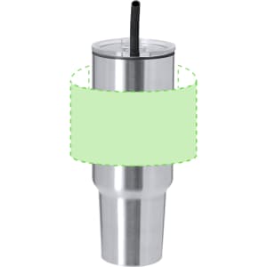 A stainless steel insulated mug with a clear lid and a straw, featuring a green band for branding.