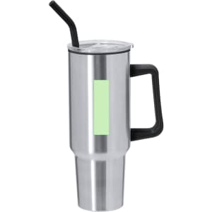 A drink bottle with a stainless steel body, a black handle, and a clear lid featuring a straw. It has a green accent.