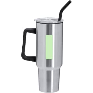 A drink bottle in stainless steel with a black handle and straw, featuring a blank area for customization.