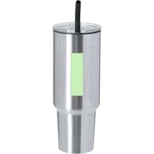 A stainless steel insulated mug with a clear lid and black straw, featuring a green panel. Includes a logo.