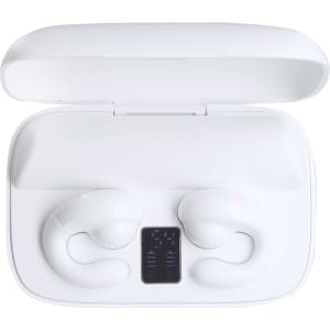 A pair of white earbuds in a charging case, featuring a digital display. The case is closed and has a logo.