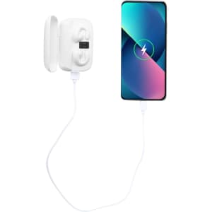 A white power bank case with earphones connected to a smartphone displaying charging graphics.