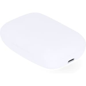 A white charging case for earphones with a USB-C port, featuring a smooth, rounded design and a logo.