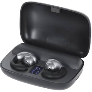 A pair of silver earphones in a compact black charging case, featuring a digital display and a logo.
