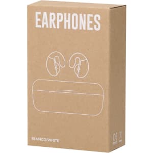 A beige cardboard box containing white earphones, featuring a simple design and a logo.