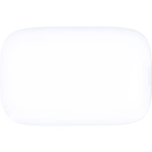 A white charging case for earphones with a smooth, rounded design, featuring a logo on the surface.