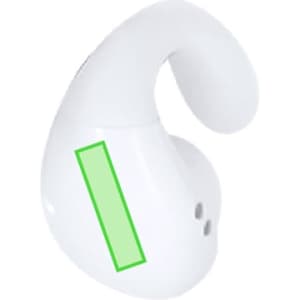 White earphones with a unique design, featuring a curved shape and a logo.