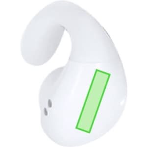 A white earbud with an ergonomic design and subtle branding, featuring a green accent.