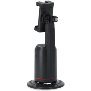 A black Automatic Tracking Holder for phones with a circular base and a camera mount, featuring a sleek design.