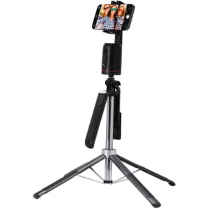 A black and silver automatic tracking phone holder on a tripod stand, featuring a phone mounted at the top.
