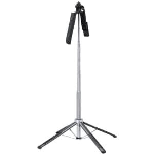 A metallic phone stand with a tripod base and adjustable height, featuring rubber grips for stability.