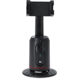 A black automatic tracking phone holder with a mount, featuring buttons and a circular base.