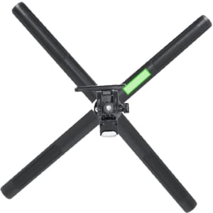 A black phone stand with four extended arms and a mounting clip in the centre, featuring a green detail.