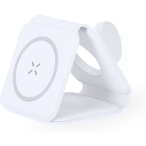 A white wireless charger featuring a sleek, minimalist design with a circular charging pad and an adjustable stand.