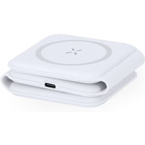 A white wireless charger with a circular design and a USB-C port. It has a logo on its surface.