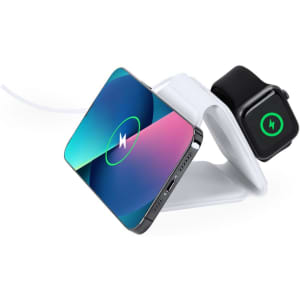 A wireless charger in white, featuring a sleek design to charge a smartphone and a smartwatch simultaneously.