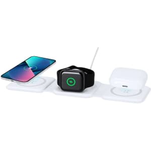 A wireless charger in white featuring a smartphone, smartwatch, and earbuds, all positioned on the charging pads.