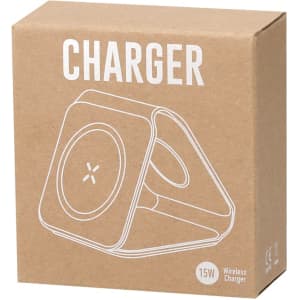 A wireless charger in a square brown cardboard box with a simple design. The charger has a circular charging pad.