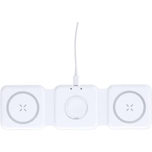 A white wireless charger with three charging pads connected by a cable. It features a logo on the surface.