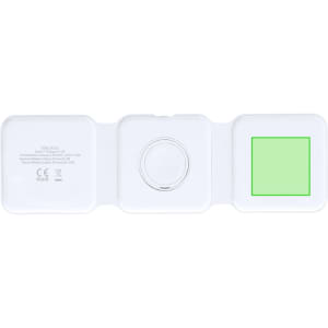 A white wireless phone charger with a circular charging area and a green square section, featuring a logo on the back.