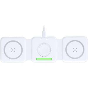 A wireless charger in white featuring three charging pads with a green indicator light and a cable connection.