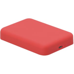 A red power bank with a sleek design, featuring a USB-C port and a subtle logo.