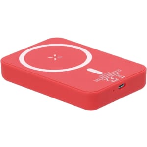 A red power bank with a circular wireless charging pad, featuring a logo and a USB port.
