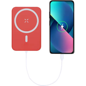 A red power bank connected to a smartphone via a white cable, featuring a logo on its surface.