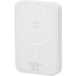 A white power bank with a circular charging pad and a logo on the surface.