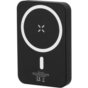 A black power bank with a circular design and an embedded wireless charging symbol. It features a logo on the back.