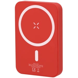 A red power bank features a circular design with a logo and a charging button on its surface.