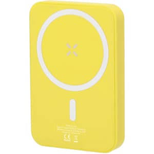 A yellow power bank featuring a circular design and a branded logo. The product has a flat rectangular shape.