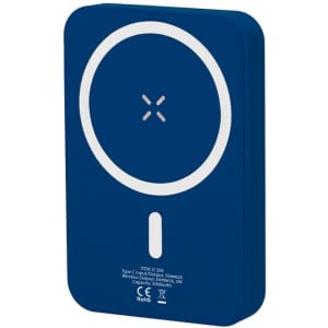 A blue power bank with a circular charging pad and a logo, featuring wireless charging capabilities.