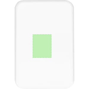 A white power bank with a pastel green rectangular design in the centre and a logo on the surface.